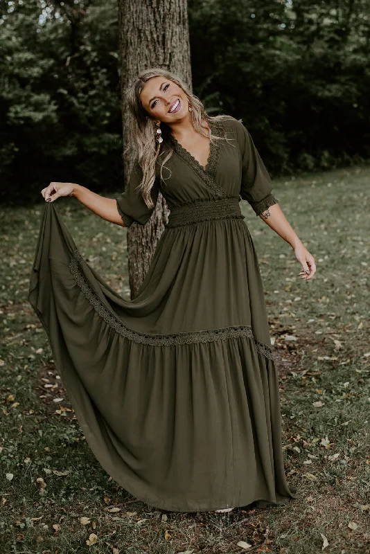 ECB Exclusive: Most Admired Maxi Dress , Olive Green Stylish Empire Waist Maxi Dress