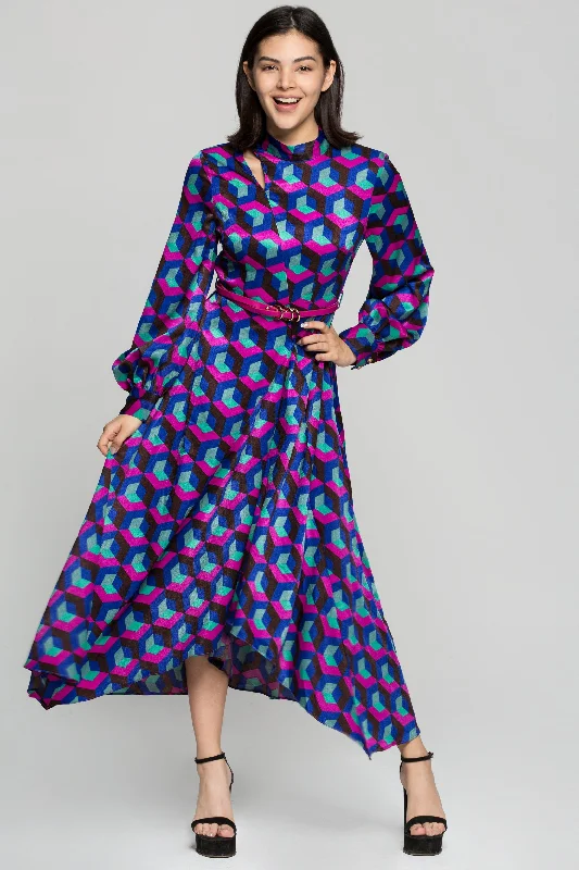 Multi Colored Cubic Print Maxi Dress with Belt Stylish Maxi Dress with Frills