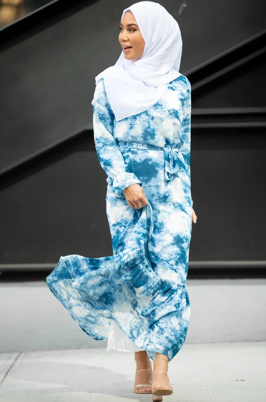 Sky Blue Tye Dye Long Sleeve Maxi Dress Elegant Lace Maxi Dress