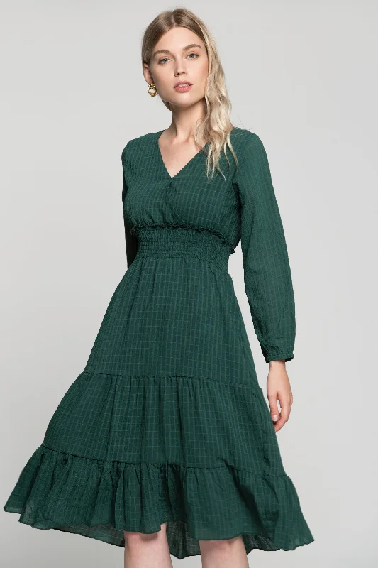 Pine Green Smocked Waist V-Neck Maxi Dress Stylish Boho Chic Maxi Dress