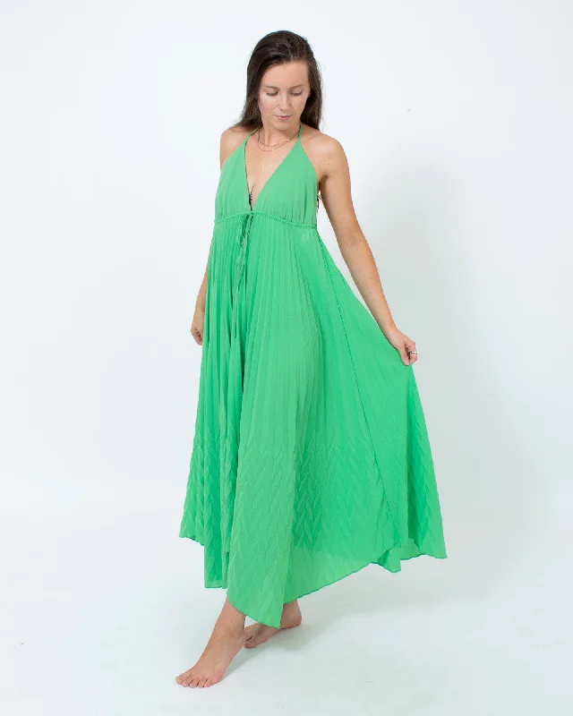 Pleated Silk Maxi Dress Classic V-Neck Maxi Dress