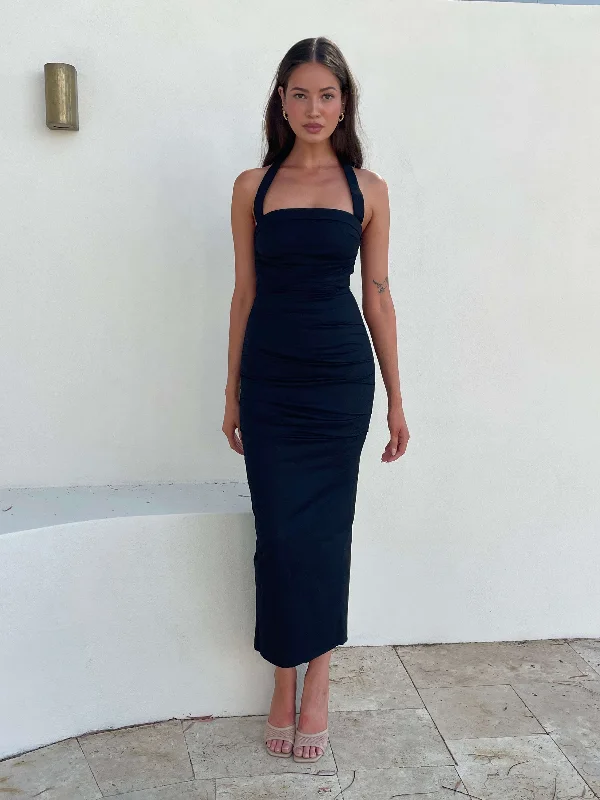 Poppy Ruched Maxi Dress - Black Cozy Ruffle Sleeve Maxi Dress