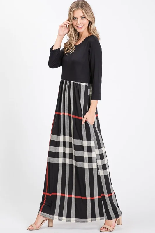 Kelly's Mad About Plaid 3/4 Sleeve Black & Plaid Maxi Dress with Pockets Comfortable Ruffle Hem Maxi Dress Kelly's Mad About Plaid 3/4 Sleeve Black & Plaid Maxi Dress with Pockets Comfortable Ruffle Hem Maxi Dress