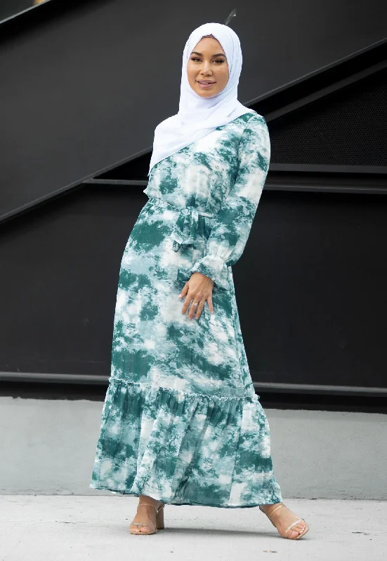 Hunter Green Tye Dye Long Sleeve Maxi Dress Fashionable Maxi Dress with Fringe
