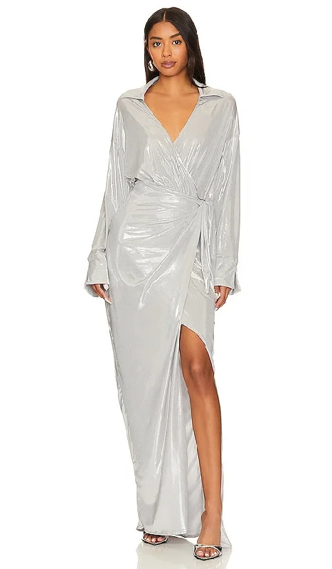 Show Me Your Mumu Clara Maxi Dress in Metallic Silver Fashionable Faux Wrap Maxi Dress
