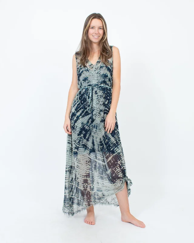 Navy Silk Tie Dye Maxi Dress with Slip Cozy Open-Back Maxi Dress
