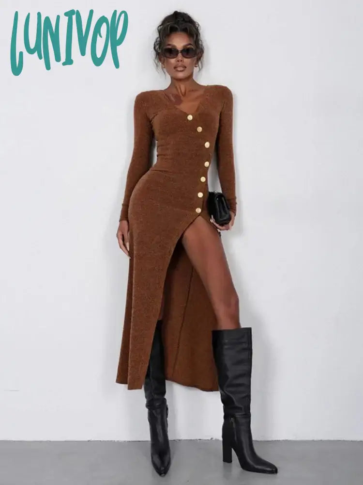 Lunivop Knitted Maxi Dress For Women Sexy Slit Slim Long Sleeve Buttons Dresses Knitwear Party Elegant Retro Dress Lady 2024 New Comfortable Fitted Maxi Dress