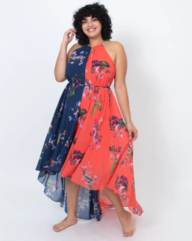 Two-Tone Floral Maxi Dress Fashionable Halter Neck Maxi Dress
