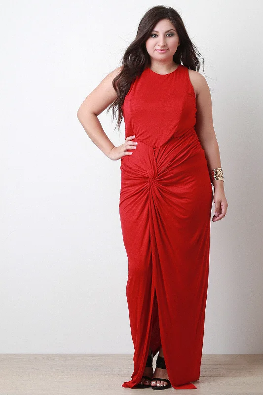Twisted Slit Asymmetrical Hem Racer Back Maxi Dress Trendy Floral Print Maxi Dress