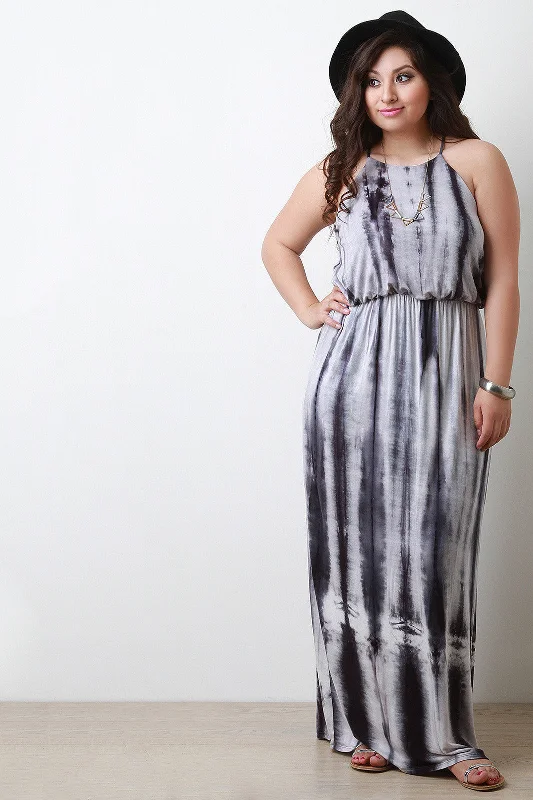 Tie Dye Elastic Waist Maxi Dress Fashionable High-Low Maxi Dress