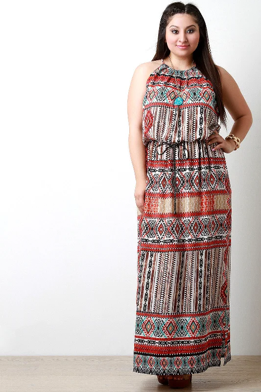 Woven Boho Print Halter Belted Maxi Dress Trendy Printed Maxi Dress