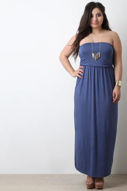 Solid Jersey Knit Strapless Maxi Dress Fashionable High-Low Maxi Dress
