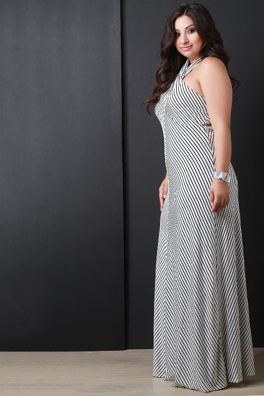 Stripe Criss-Cross Neck Maxi Dress Stylish Maxi Dress with Pleats