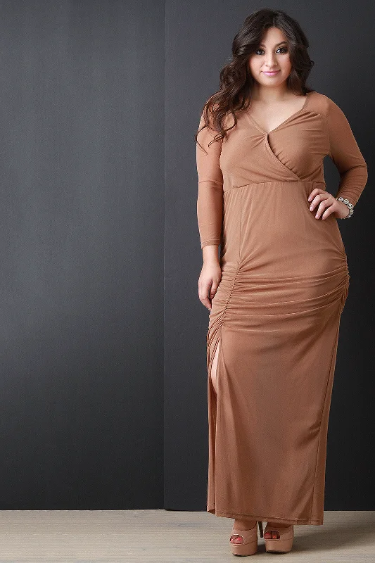 Semi-Sheer Mesh Drape Slit Maxi Dress Classic V-Neck Maxi Dress