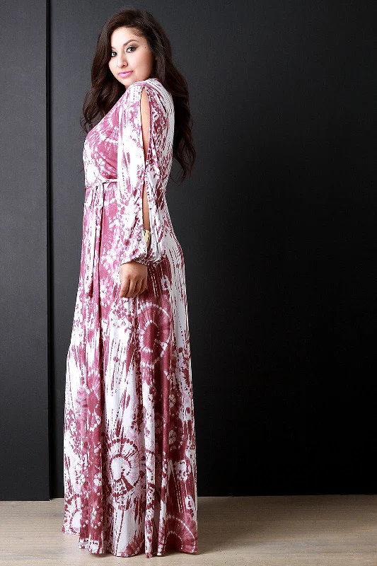 Splattered Tie Dye Slit Sleeves Maxi Dress Fashionable Open-Back Maxi Dress