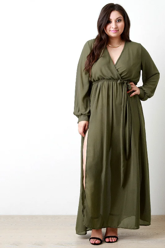 Sheer Chiffon Surplice Wrap Slit Maxi Dress Comfortable Cotton Maxi Dress