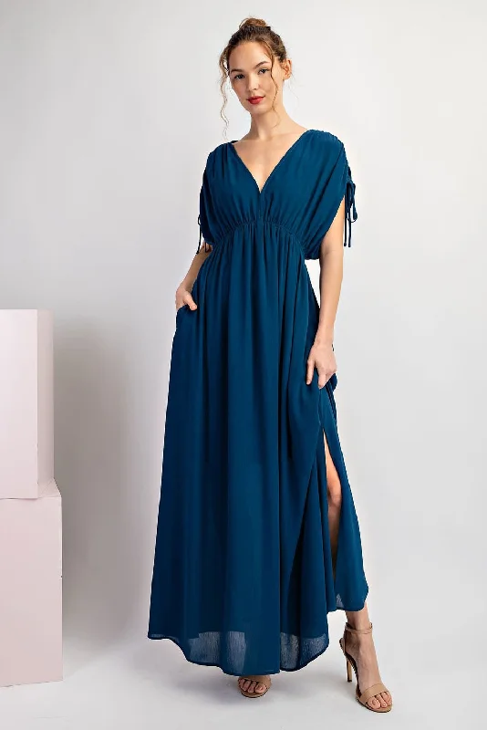 V-Neck Drawstring Sleeve Maxi Dress Teal Stylish Boho Chic Maxi Dress