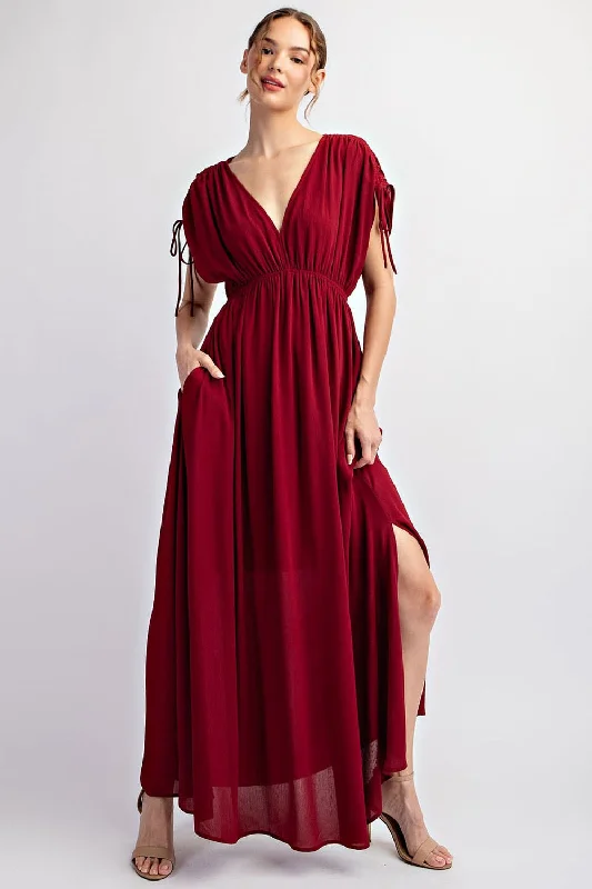 V-Neck Drawstring Sleeve Maxi Dress Wine Comfortable T-Shirt Maxi Dress