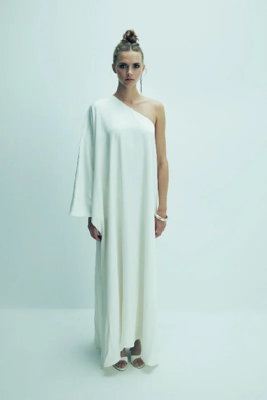 Venus One-Shoulder Satin Maxi Dress in White Swan Elegant Maxi Dress with Ruffles