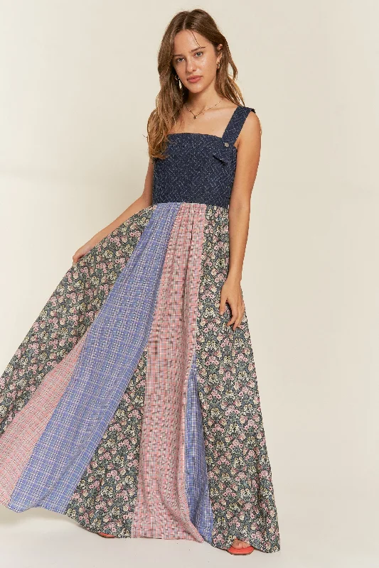 Vintage Plaid & Denim Suspender Maxi Dress Fashionable Faux Wrap Maxi Dress