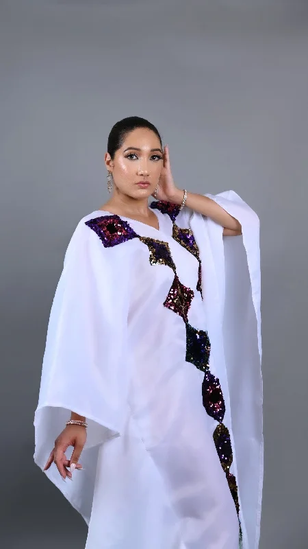White kaftan Boubou maxi dress with cut out sequin. Trendy Maxi Dress with Straps