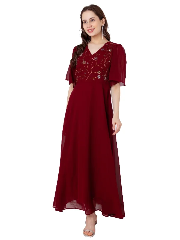 Zink London Women's Maroon Embroidered Empire Maxi Dress Classic Solid Maxi Dress