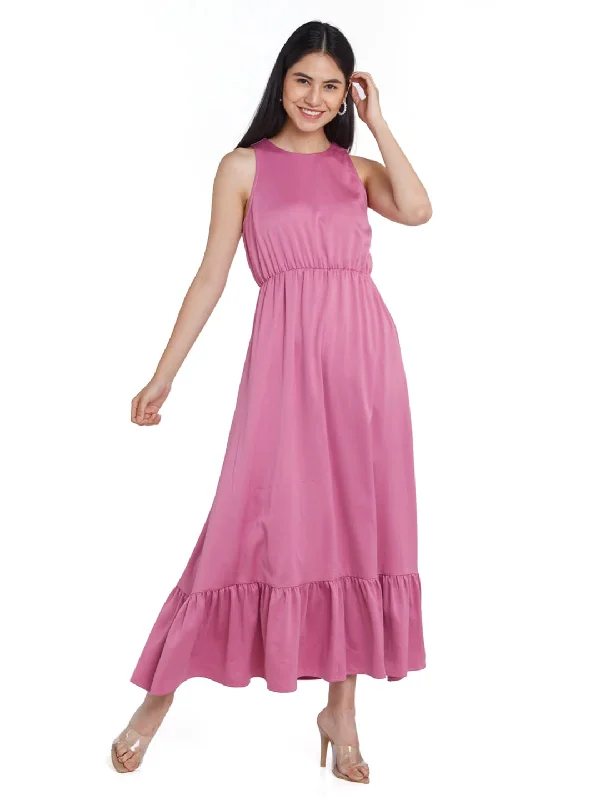 Zink London Women's Pink Solid Maxi Dress Trendy Maxi Dress with Lace