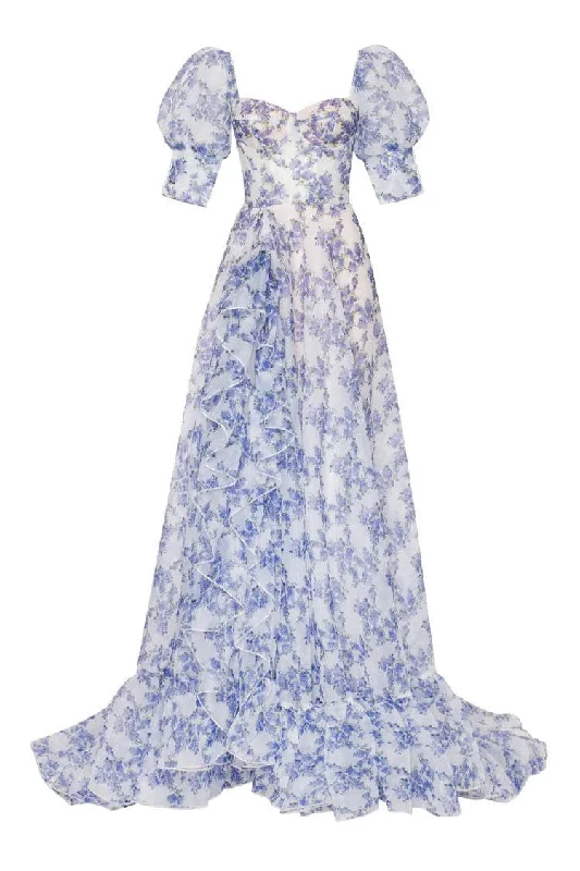Off the Shoulder Blue Balloon Sleeves Floral Maxi Dress Trendy Button Front Maxi Dress Off the Shoulder Blue Balloon Sleeves Floral Maxi Dress Trendy Button Front Maxi Dress