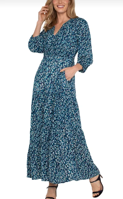 Sylvie Blue Topaz Print 3/4 Sleeve Maxi Dress Stylish Pleated A-Line Maxi Dress