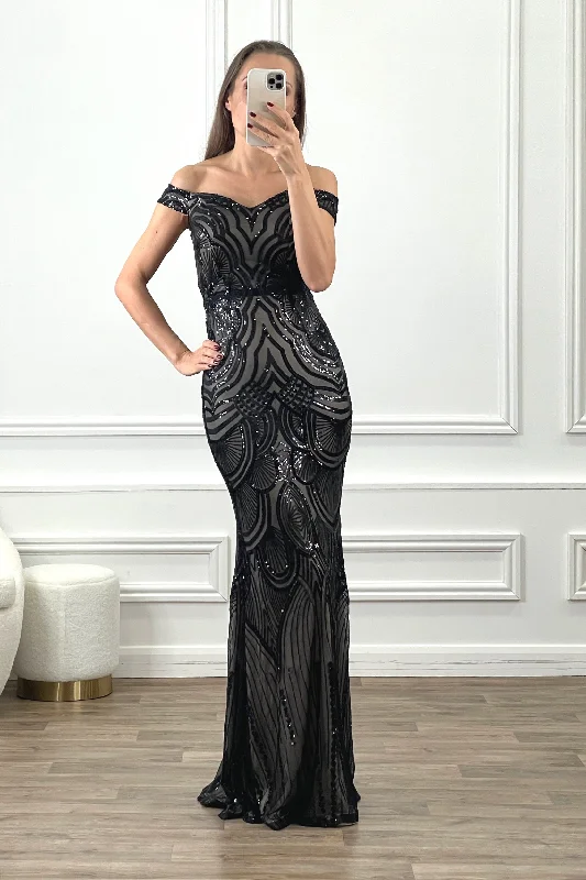 BRYNN BLACK NUDE SEQUIN OCASSION EVENING WEAR MAXI DRESS Trendy Maxi Dress with Straps BRYNN BLACK NUDE SEQUIN OCASSION EVENING WEAR MAXI DRESS Trendy Maxi Dress with Straps