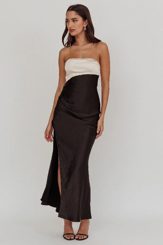 Kamillia Strapless Split Maxi Dress Black Elegant Silk Maxi Dress