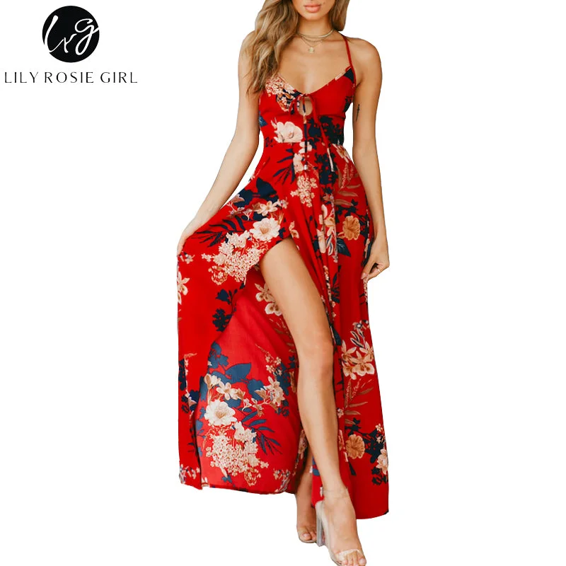 Lily Rosie Girl Red Floral Print Sexy Lace Up V Neck Women Maxi Dresses Summer Split Backless Beach Long Vestidos Boho Dress Trendy Maxi Dress with Belt Lily Rosie Girl Red Floral Print Sexy Lace Up V Neck Women Maxi Dresses Summer Split Backless Beach Long Vestidos Boho Dress Trendy Maxi Dress with Belt