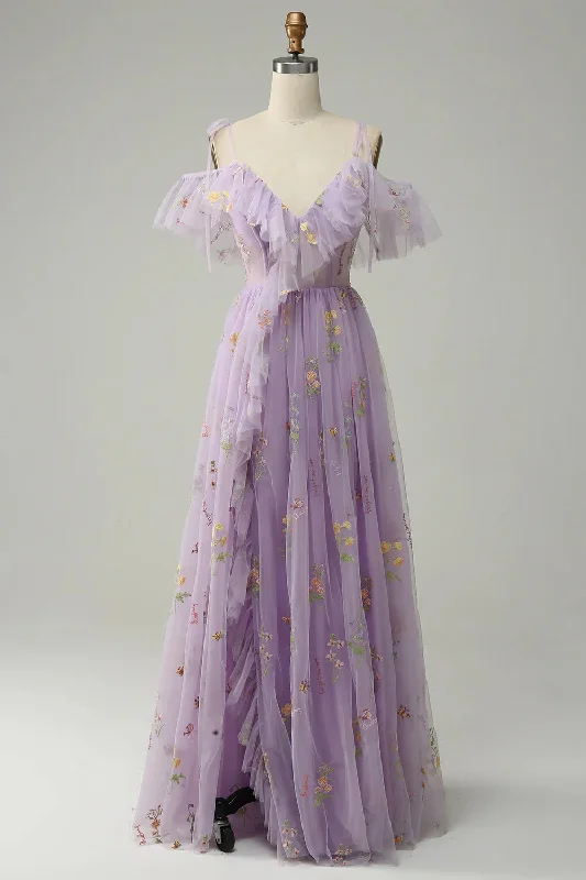 Off the Shoulder Purple Floral Gown With Ruffle Slit, Maxi Dresses, Newest Prom Dresses Elegant Lace Maxi Dress Off the Shoulder Purple Floral Gown With Ruffle Slit, Maxi Dresses, Newest Prom Dresses Elegant Lace Maxi Dress