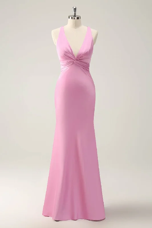 Plunging Neck Pink Twist  Mermaid Maxi Dress Stylish Long Sleeve Maxi Dress