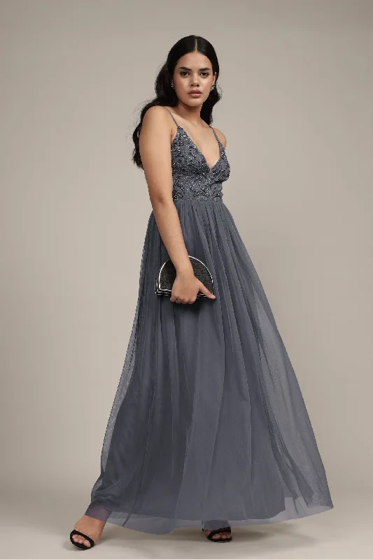 Seraphina Embellished Maxi Dress in Grey Cozy Wrap Maxi Dress