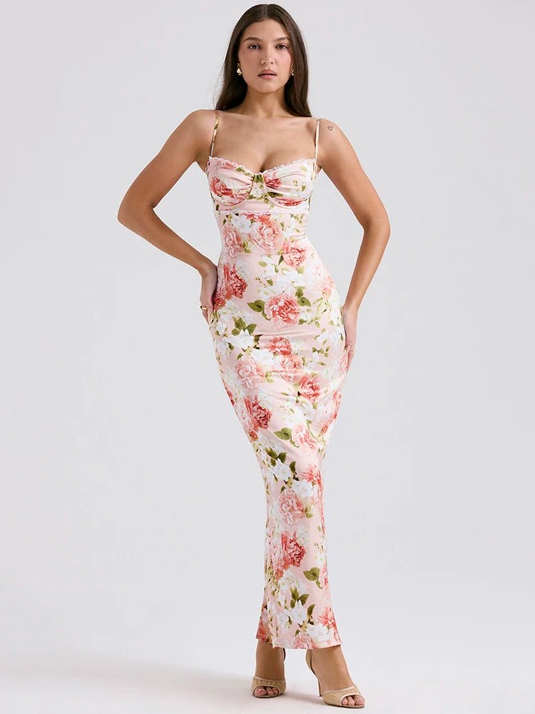 Spaghetti Strap Print Maxi Dress - Women's Sleeveless Backless Bodycon Long Dress Elegant Maxi Dress with Ruffles Spaghetti Strap Print Maxi Dress - Women's Sleeveless Backless Bodycon Long Dress Elegant Maxi Dress with Ruffles