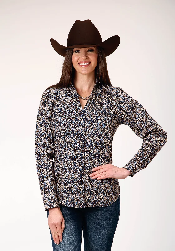 WOMENS LONG SLEEVE BUTTON VINTAGE PAISLEY WESTERN SHIRT Notch Collar Peter Pan Collar Cowl Neck