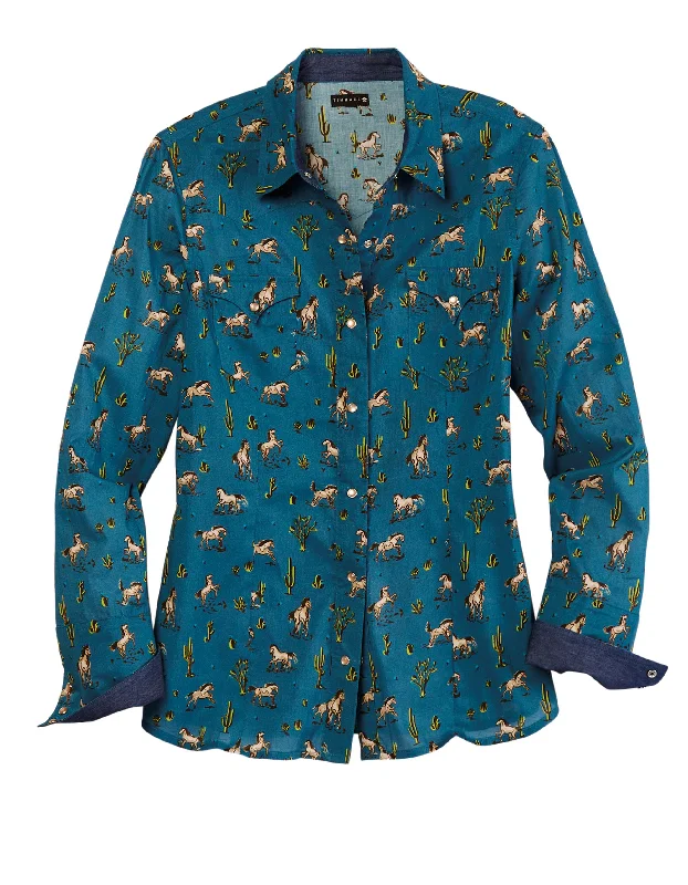 WOMENS LONG SLEEVE SNAP KICKIN UP DUST PRINT WESTERN SHIRT Mesh Blend Leather Blend Suede Blend WOMENS LONG SLEEVE SNAP KICKIN UP DUST PRINT WESTERN SHIRT Mesh Blend Leather Blend Suede Blend