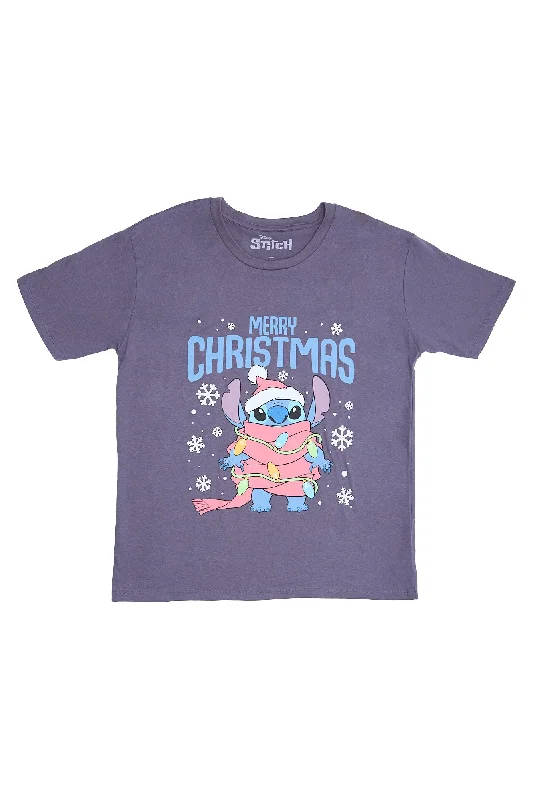 Stitch Merry Christmas Graphic Relaxed Tee Welt Pockets Slit Pockets Flap Pockets