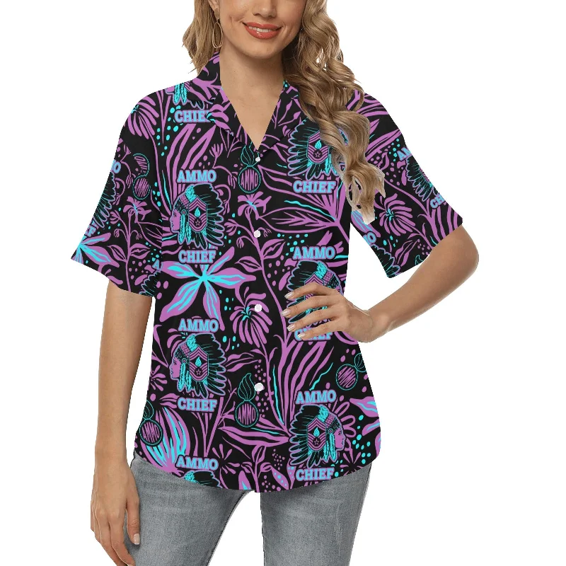 AMMO Chief (Female Version) Purple Teal Neon Flowers Pisspots AMMO Chief Logo Womens Hawaiian Shirt Casual Formal Business