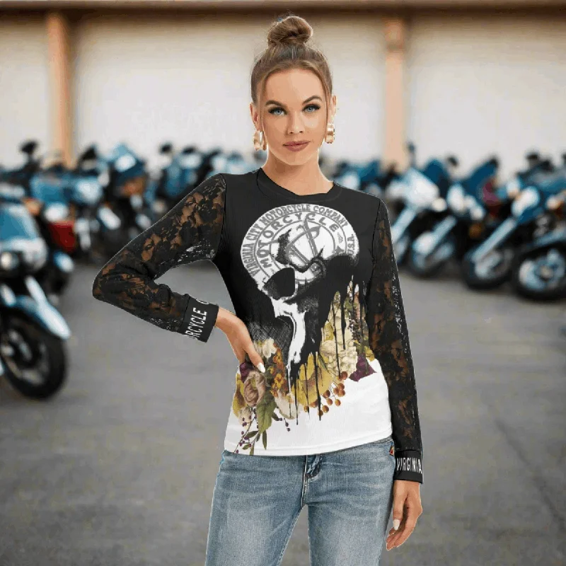 Black and Flower Skull T-Shirt with Lace Arms Ribbed T-Shirt High Neck Heavyweight