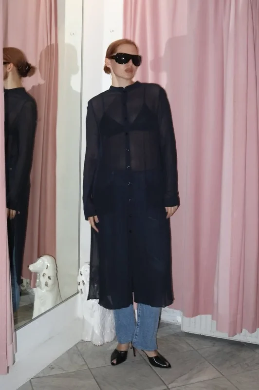 Blue sheer shirt dress Silk Blend Satin Velvet