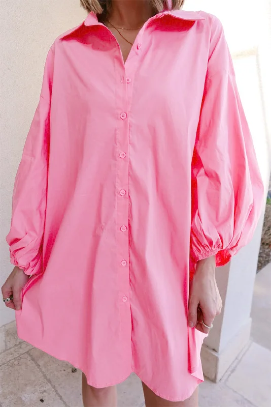 Blue Zone Planet | Bright Pink Balloon Sleeve Button Up Mini Shirt Dress Mesh Blend Leather Blend Suede Blend Blue Zone Planet | Bright Pink Balloon Sleeve Button Up Mini Shirt Dress Mesh Blend Leather Blend Suede Blend