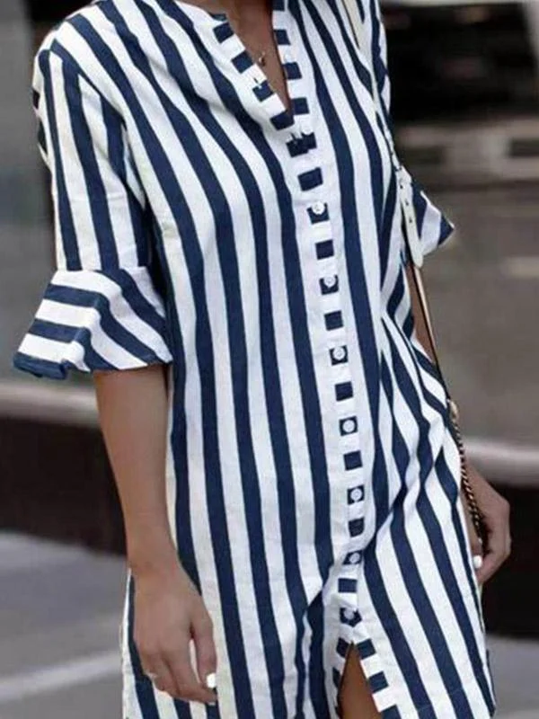 hoombox Fashion Button Stripes Half Sleeve Shirt Cotton Fabric Linen Fabric Terry Fabric