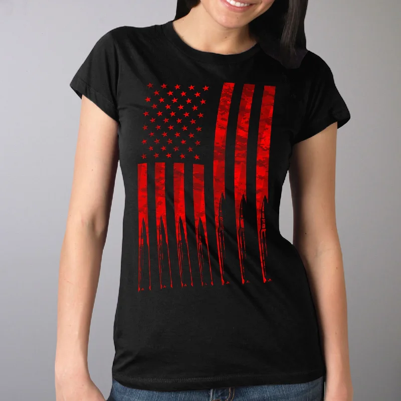 Flag Bullets Full Cut Ladies Tee Notch Collar Peter Pan Collar Cowl Neck