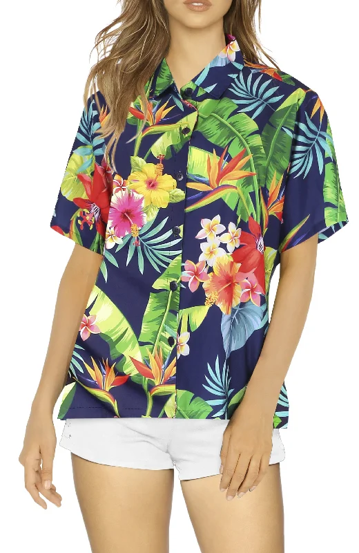 Hawaiian Bliss navy Blue vibrant Print Casual Shirt For Women Collared Crew Neck Turtle Neck