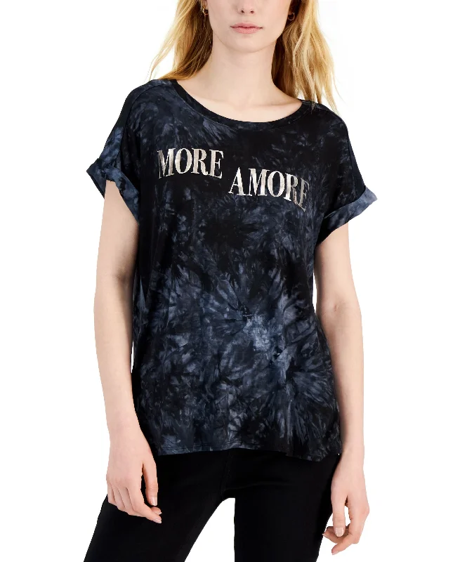 Inc International Concepts Womens More Amore Graphic Tie Dye T-Shirt Hooded Caped Shawl Collar