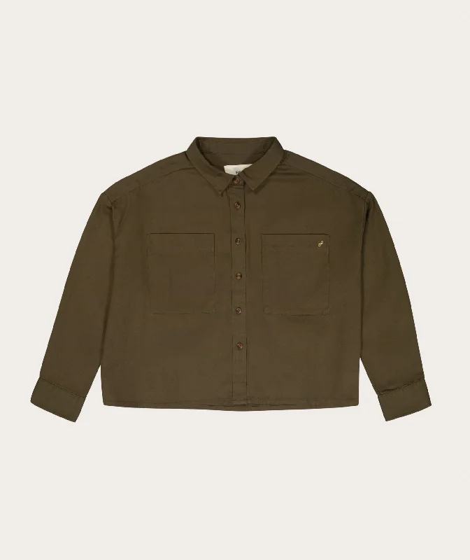 Ladies Boxy Long Sleeve Shirt - Olive Green Thin T-Shirt Open Front Quick Dry