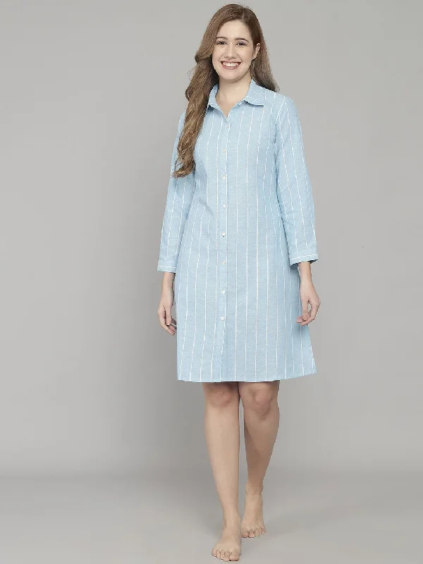 Light Blue And White Stripe Knee Length Cotton Sleep Shirt Basic T-Shirt Crew Neck Short Sleeve Light Blue And White Stripe Knee Length Cotton Sleep Shirt Basic T-Shirt Crew Neck Short Sleeve