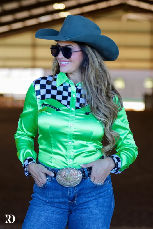 LIME FINISH LINE SATIN PERFORMANCE RODEO SHIRT Hooded Caped Shawl Collar